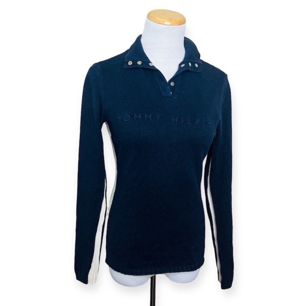 TOMMY HILFIGER Navy Ribbed Vintage Colorblock Snapbutton Pullover Sweater SMALL